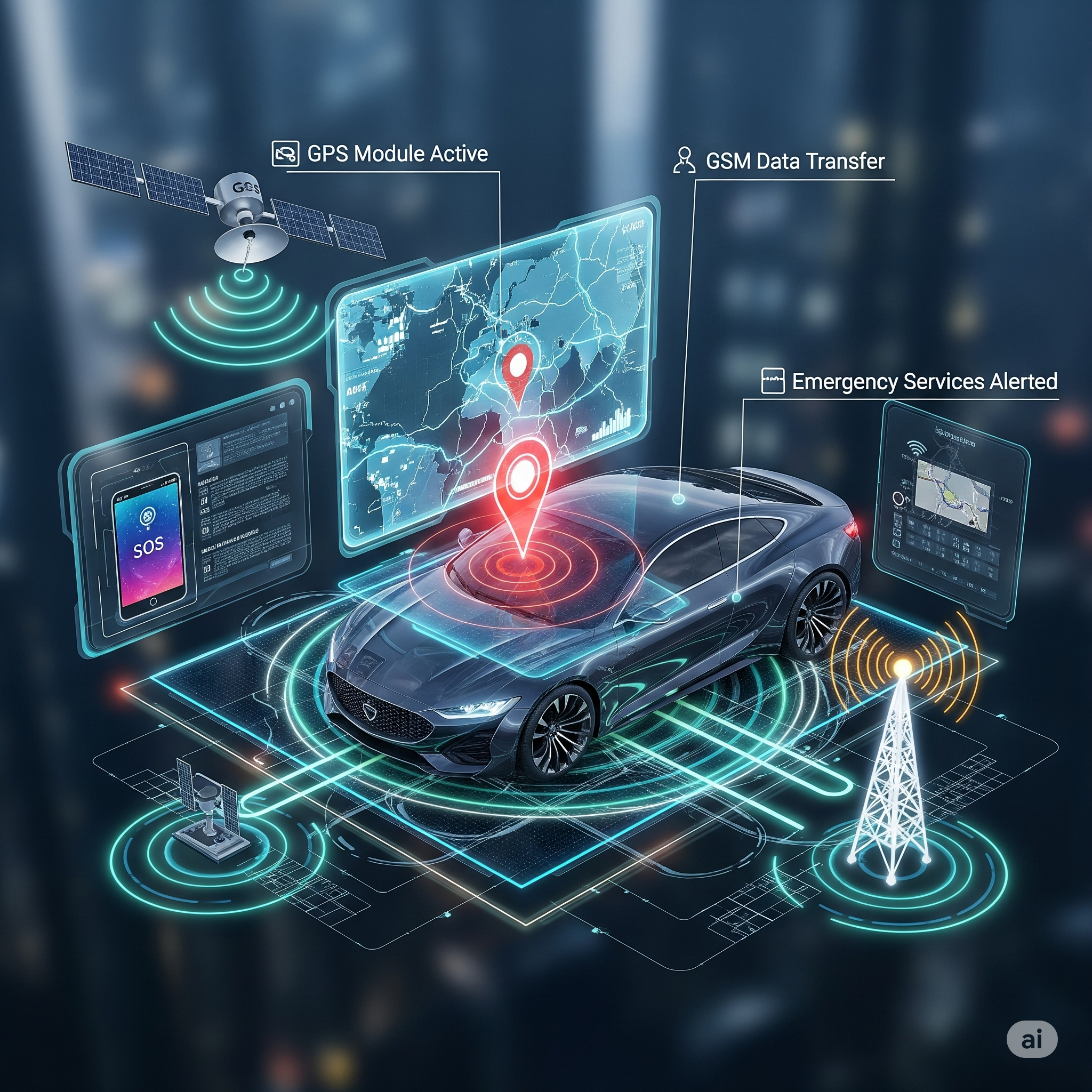 Diagram of a Vehicle Accident Detection System with GPS and GSM modules